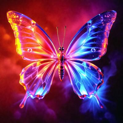 The primary subject of the image is a blue and red butterfly. The butterfly is prominently displayed in the foreground, with its wings spread wide. The setting is a dark background, which contrasts with the vibrant colors of the butterfly. The visual style of the image is a digital art or illustration, showcasing the intricate details of the butterfly's wings. The colors and mood of the image are lively and energetic, with the blue and red hues